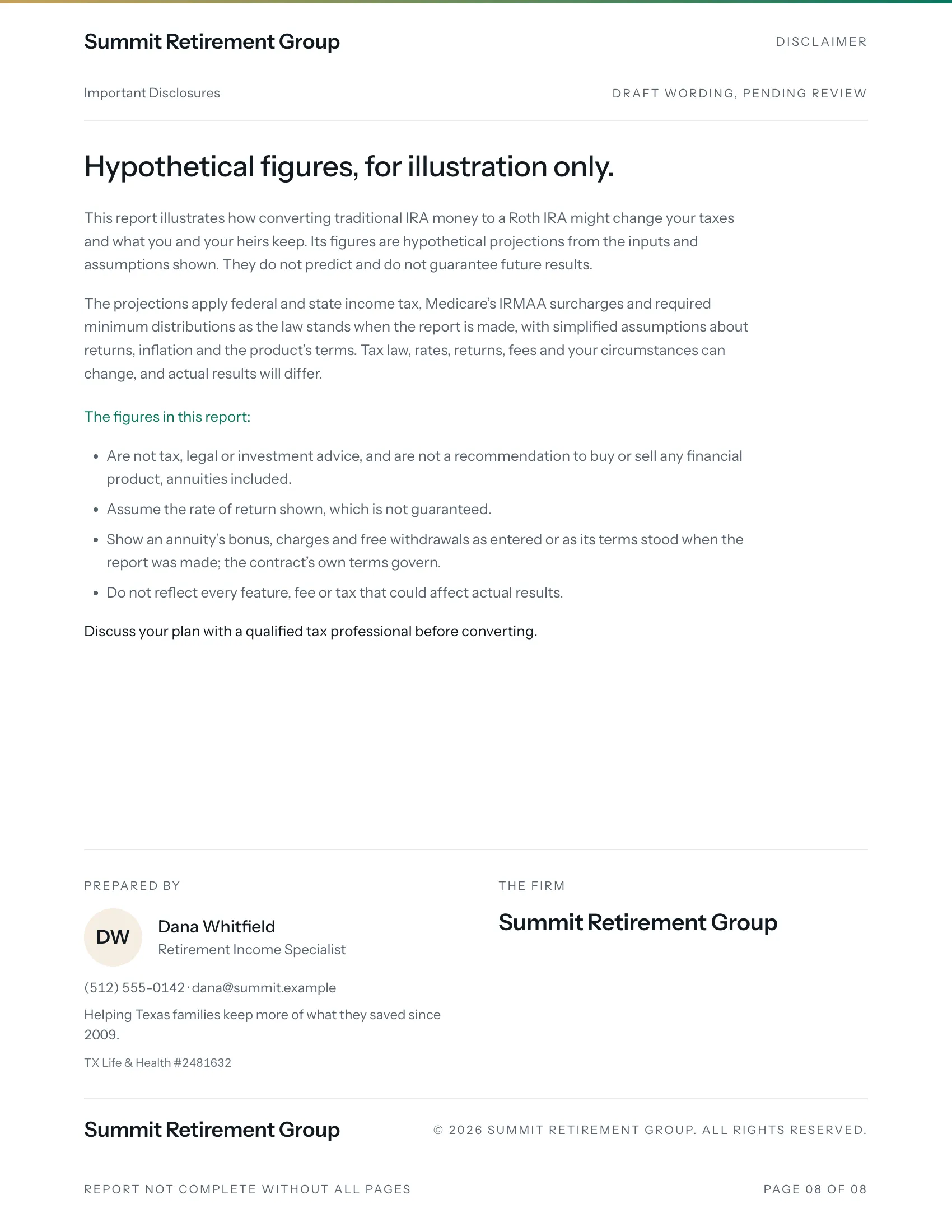 The report's disclosures page, for the sample couple
